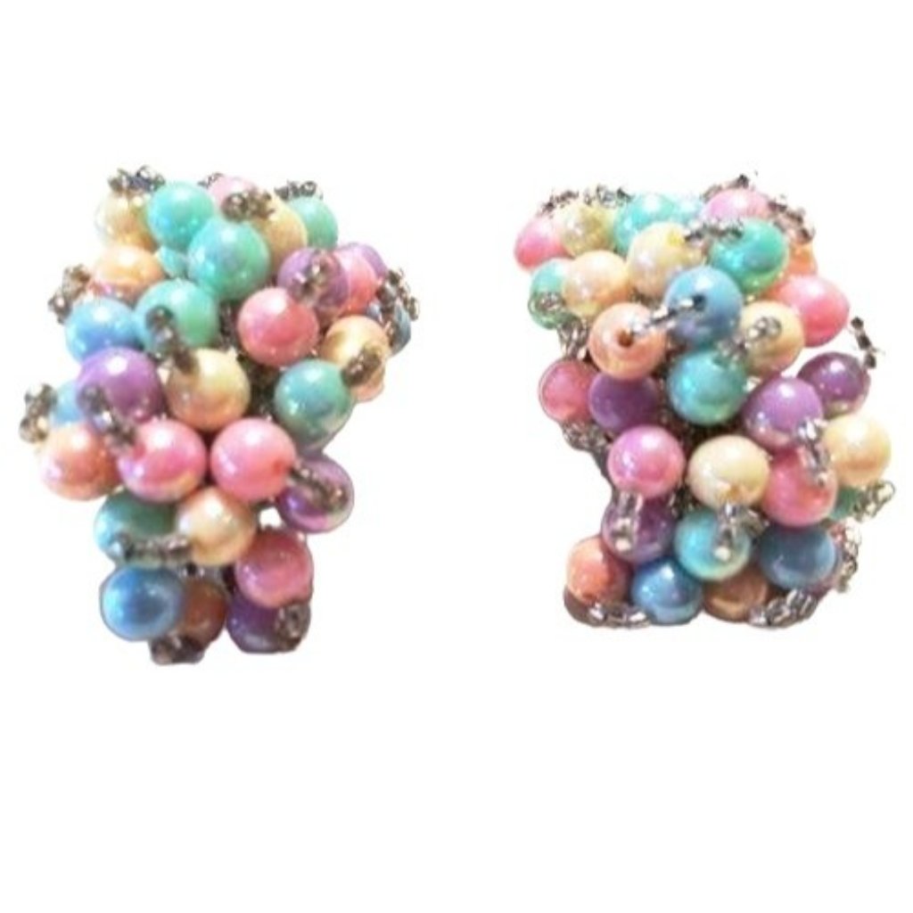 Lovely Pastel Plastic Beads Cluster Clip On Hoop Earrings Vintage Costume Jewelr